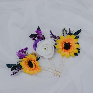Sunflower Hair Pins Set/Rustic Fall Wedding Hair Accessories/Purple,Yellow Floral Bobby Pins for Bridesmaids,Flower Girls/Rustic hair pins