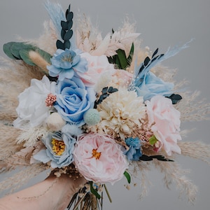 Dusty Blue and Blush Pink Bridal Bouquet/Pastel Wedding Bouquet/Boho Dried Flower Bouquet/Pampas Grass Wedding Flowers/Faux Wedding Bouquet