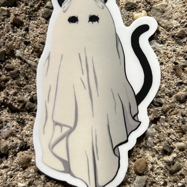 Ghost Cat Halloween Sticker | Black Cat Spirit Decal | Fall/Autumn Holiday Kitten | Cute Ghoul Kitty | Sheet Ghost Costume Sticker