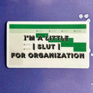 May include: A rectangular sticker featuring a spreadsheet design with the text "I'M A LITTLE : I SLUT | FOR ORGANIZATION" in black, outlined letters. The top has a green bar with a spreadsheet-like design.