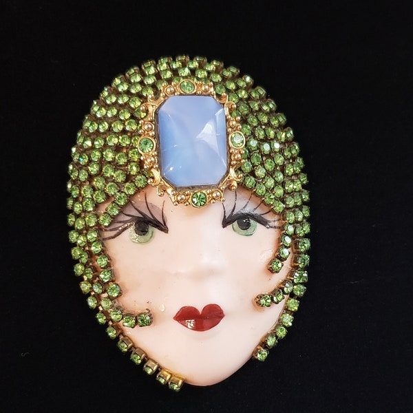 Vintage Large Hand Painted Lady Flapper  Porcelain Rhinestone Brooch