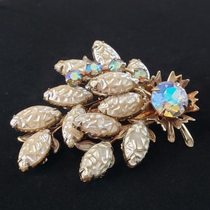 Vintage Flower Spray Brooch AB Rhinestones Pearlized Stones
