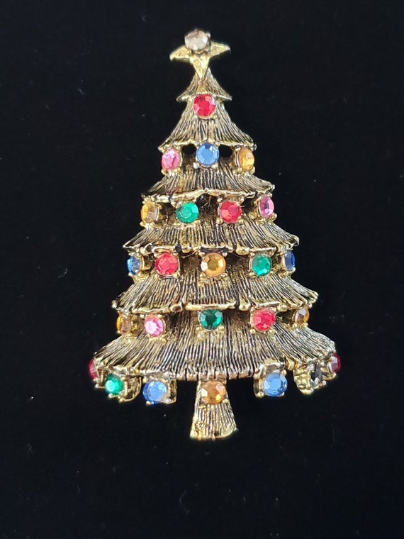 Vintage Hollycraft Christmas Tree Brooch Gold Ton… - image 2