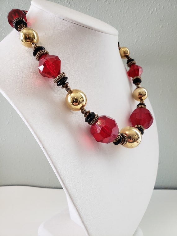 Vintage Chunky, Bead Necklace, Red Black And Gold - image 6