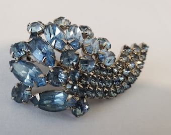 Vintage Blue Rhinestone Brooch Prong Set ,Silver Tone metal,