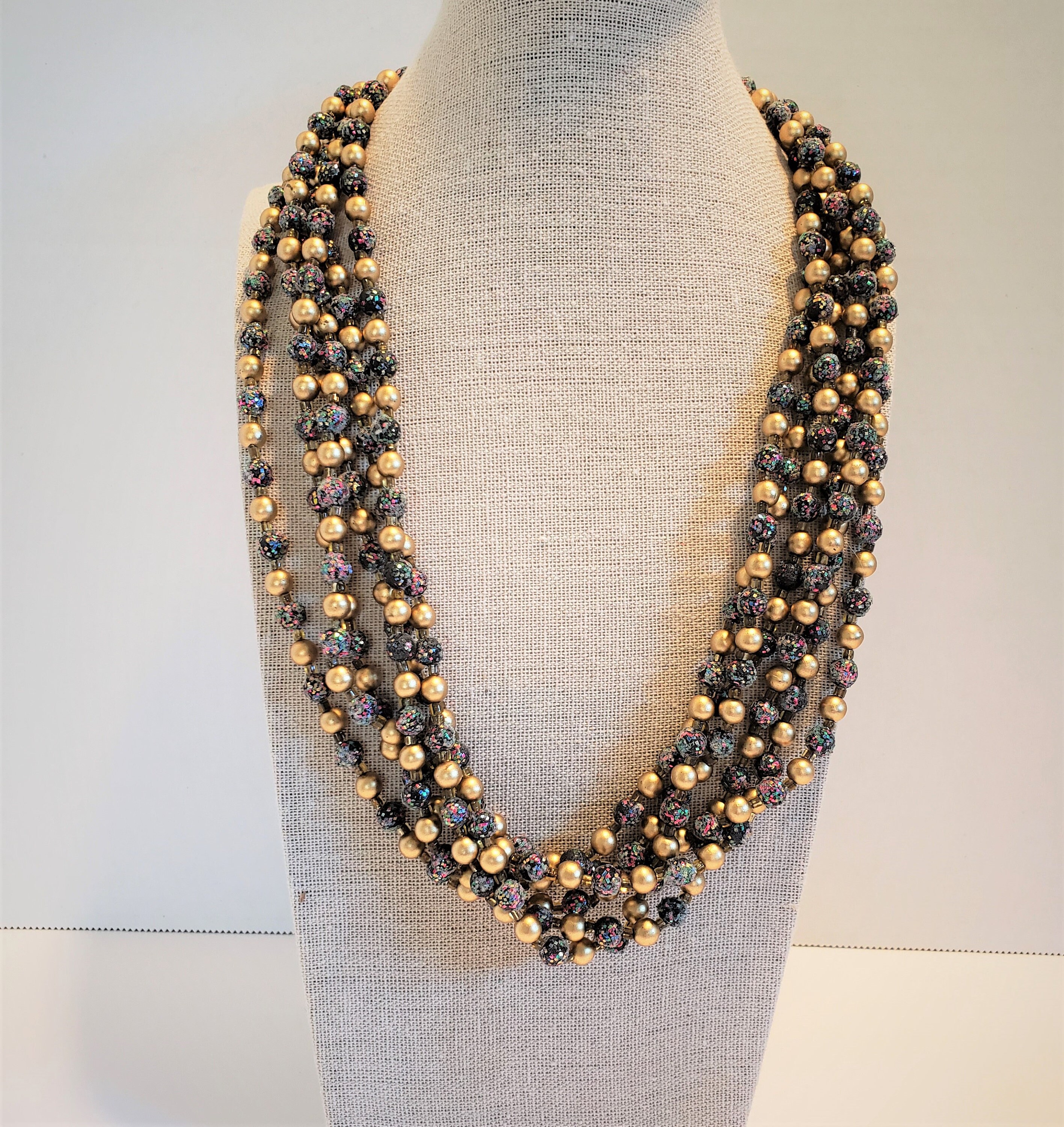Vintage Signed Japan, Multi 6 Strand Necklace Glitter Beads
