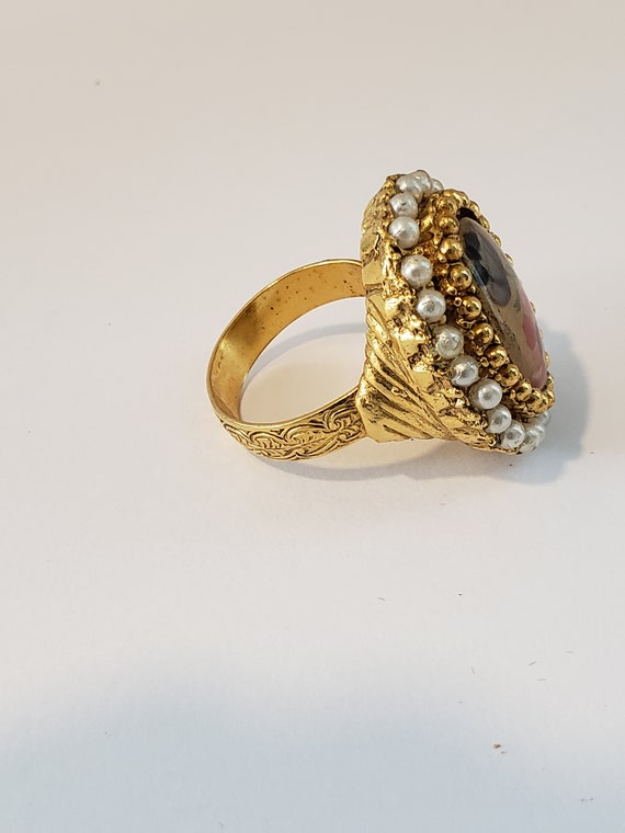 Vintage, Adjustable Ring, Faux Pearl Transferware… - image 6