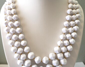 Vintage Summer Statement Necklace Multi Strand White Bead Gold Tone Spacers