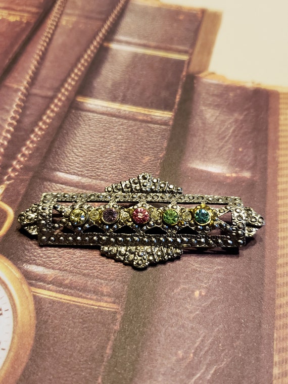 Art Deco, Pot Metal  Multi Colored Rhinestone Bar 