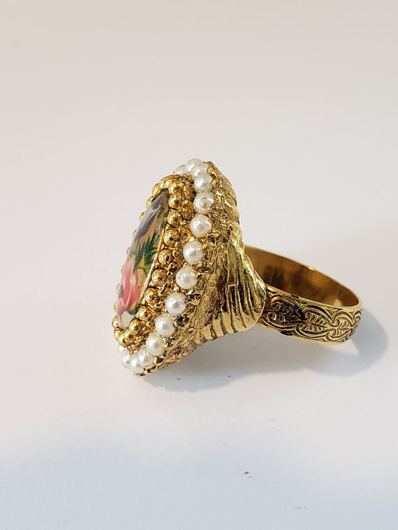 Vintage, Adjustable Ring, Faux Pearl Transferware… - image 4