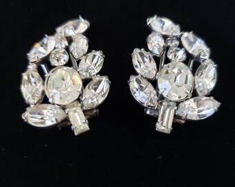 Vintage Clear Rhinestone Collar Dress Clips Silver Tone Metal