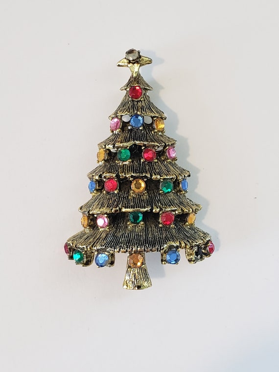 Vintage Hollycraft Christmas Tree Brooch Gold Ton… - image 1