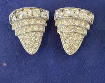 Vintage Art Deco Small Rhinestone Dress Fur Clips Silver Tone