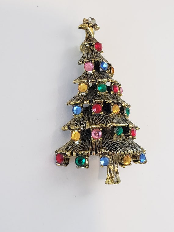 Vintage Hollycraft Christmas Tree Brooch Gold Ton… - image 9