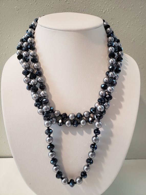 Vintage Long 56" Gray Faux Pearl And Faceted Black