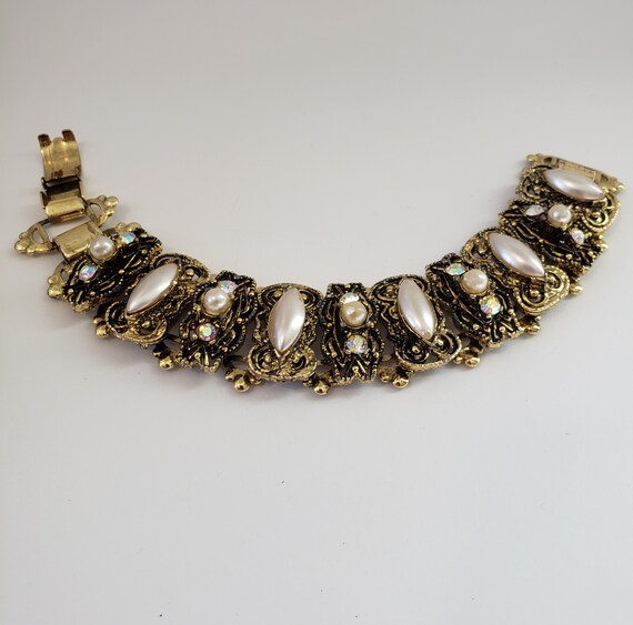 Vtg Book Chain Panel Link Bracelet Faux Pearl AB … - image 6