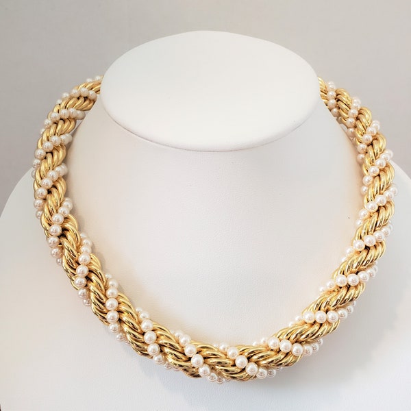 Vintage, Richelieu, Gold Tone Metal, Faux Pearl Necklace Multi Strand Twist 17"