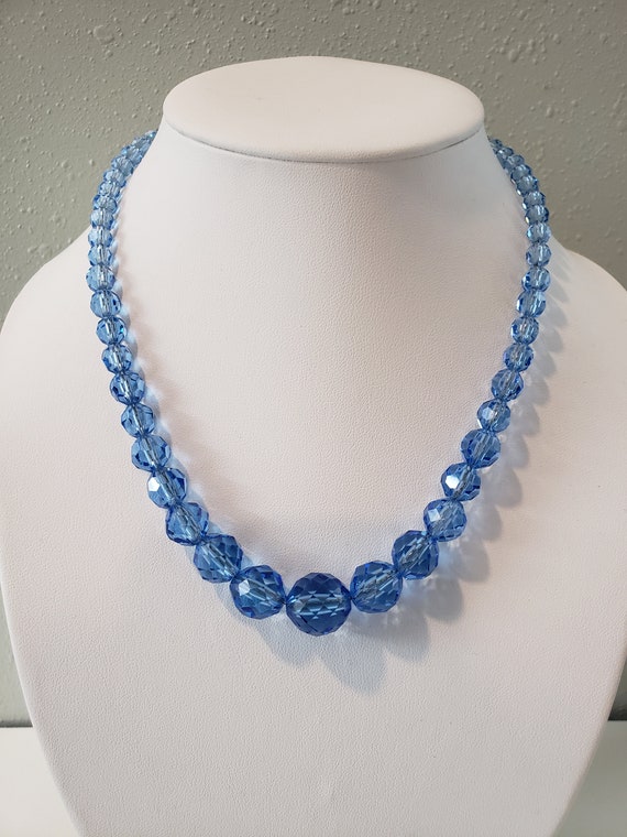 Vintage Czech Art Deco, Faceted Blue Glass Neckla… - image 1