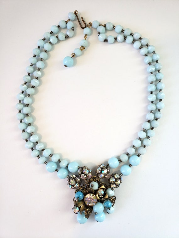 Vintage Faceted Blue Glass Necklace AB Rhinestone… - image 2