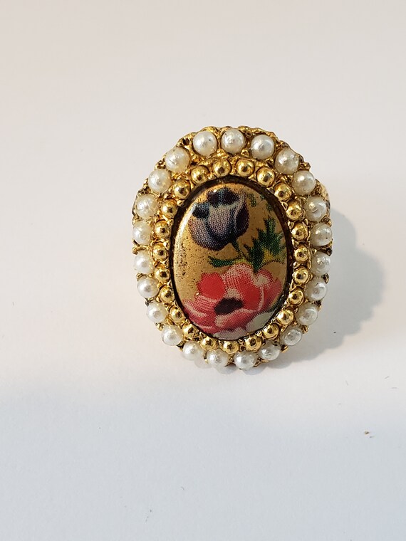 Vintage, Adjustable Ring, Faux Pearl Transferware… - image 3