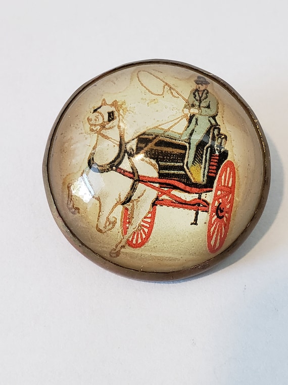 Antique Reversed Domed Glass Brooch, Horse Carriag