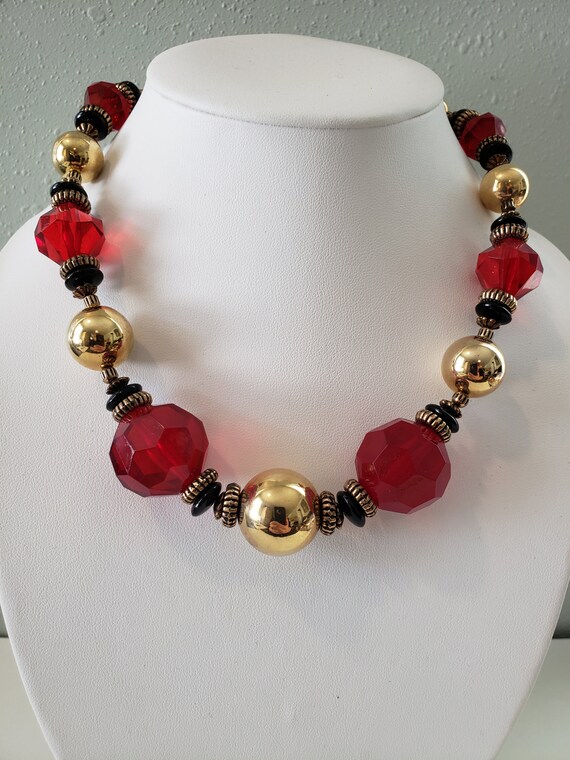 Vintage Chunky, Bead Necklace, Red Black And Gold - image 8