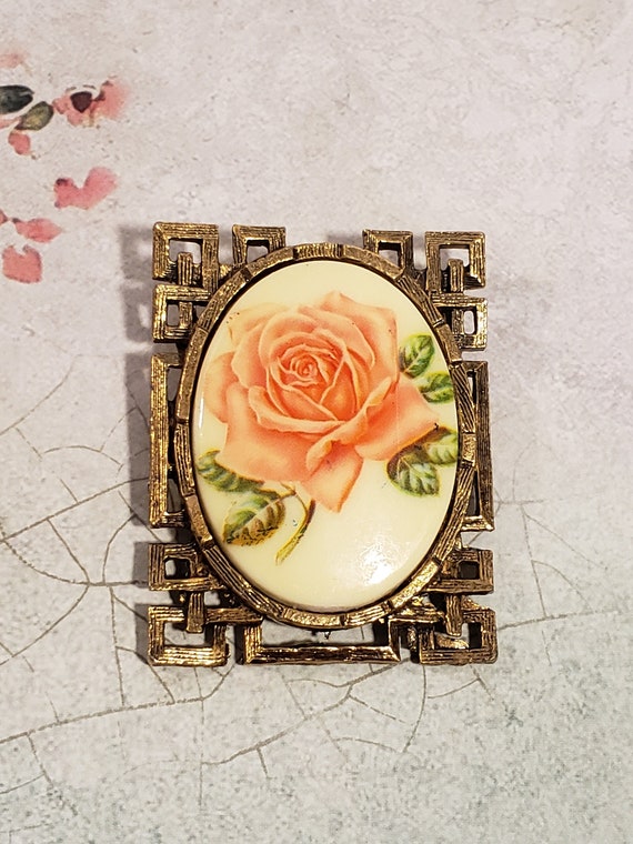 Vintage Gold Tone Framed Porcelain Transferware Rose Brooch