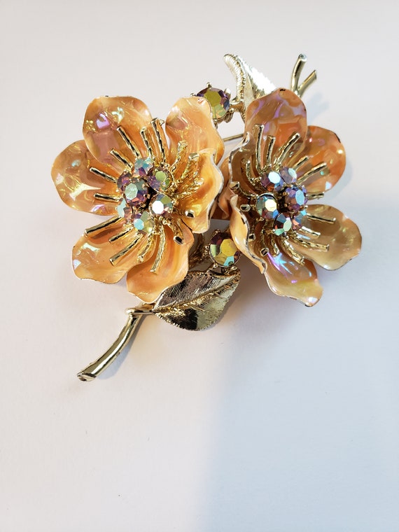 Vintage Coro Enamel Flower Brooch AB Rhinestones … - image 2