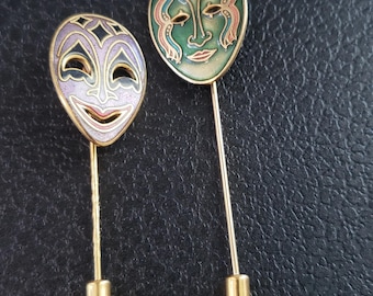 Vintage 2 Enamel Clown Mask Stick Pins Purple Green Gold Tone