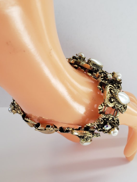 Vtg Book Chain Panel Link Bracelet Faux Pearl AB … - image 5