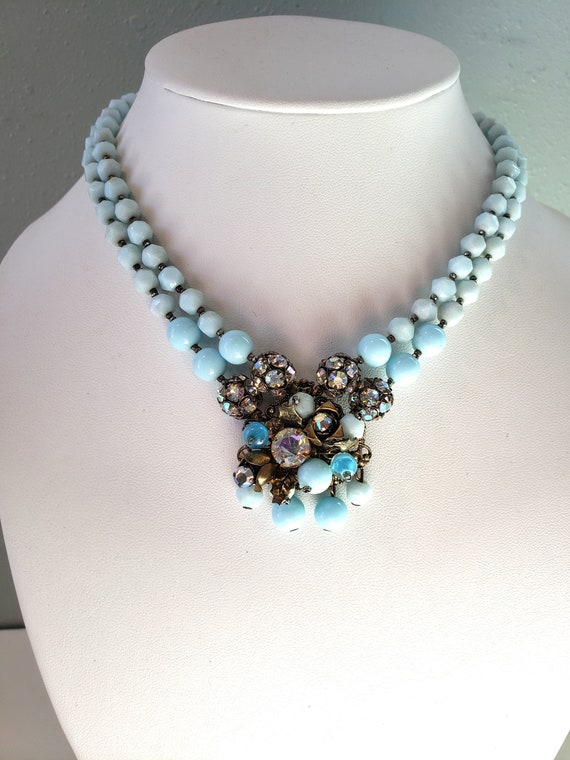 Vintage Faceted Blue Glass Necklace AB Rhinestone… - image 1