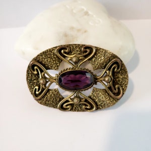 Victorian Ornate Antique Purple Glass, Brass Sash Pin Brooch