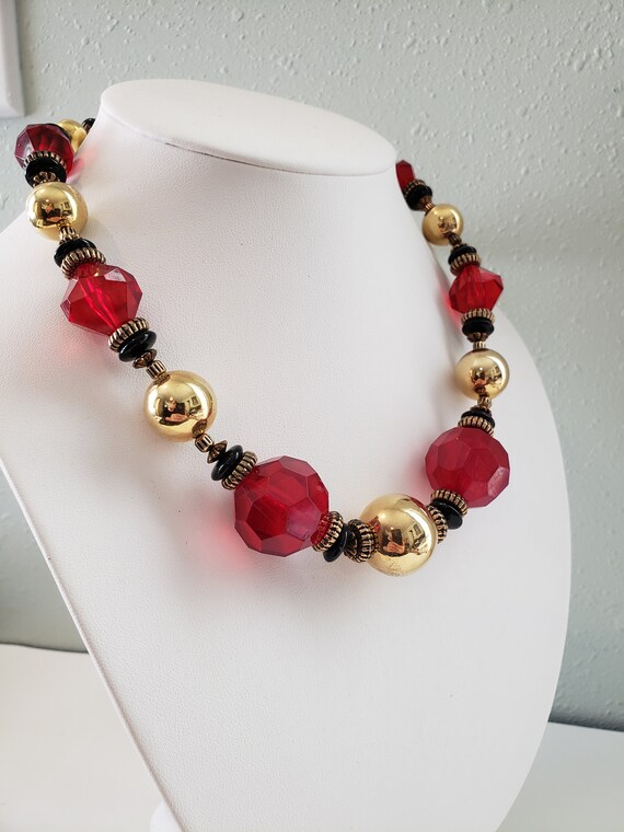 Vintage Chunky, Bead Necklace, Red Black And Gold - image 2