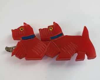 1940s Vintage Bakelite Double Carved Red Scotty Dogs Brooch