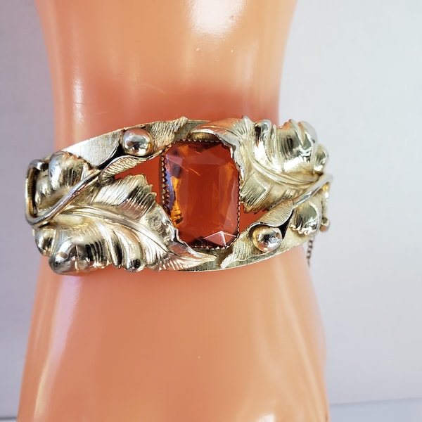 Whiting Davis Clamper Bracelet Faux Topaz Glass, Leaf Design Gold Tone Vintage