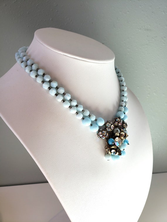 Vintage Faceted Blue Glass Necklace AB Rhinestone… - image 3