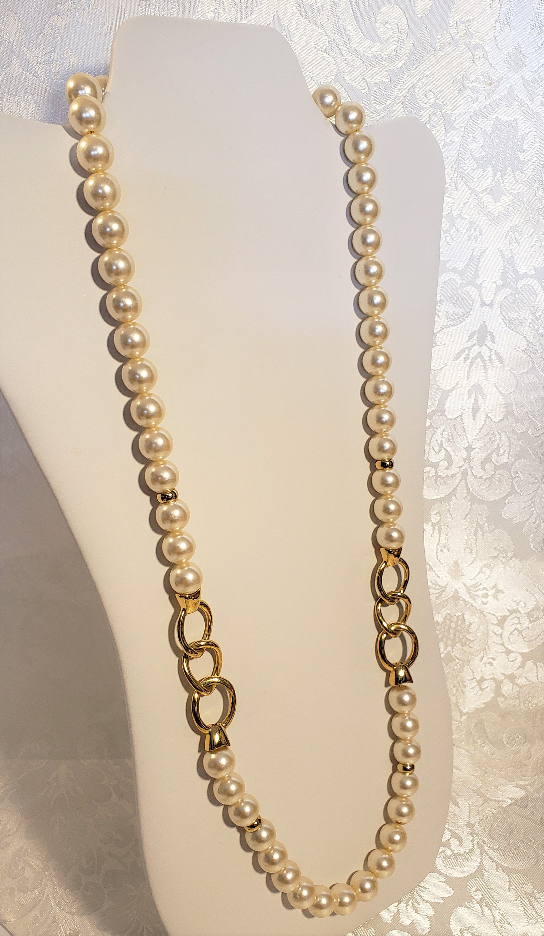 Vintage 80s Napier Long Faux Pearl Necklace Gold Tone Metal