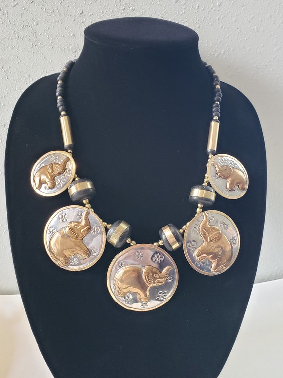 Vintage Mixed Metal Elephant Necklace Copper Brass