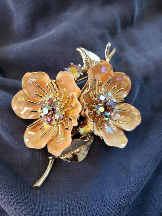 Vintage Coro Enamel Flower Brooch AB Rhinestones … - image 1