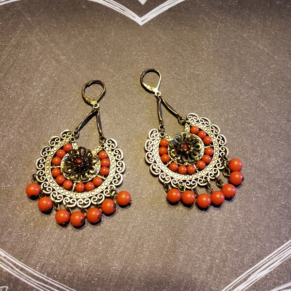 Vintage, Brass Tone, Dangle Boho/Gypsy Earrings Orange,Open Work