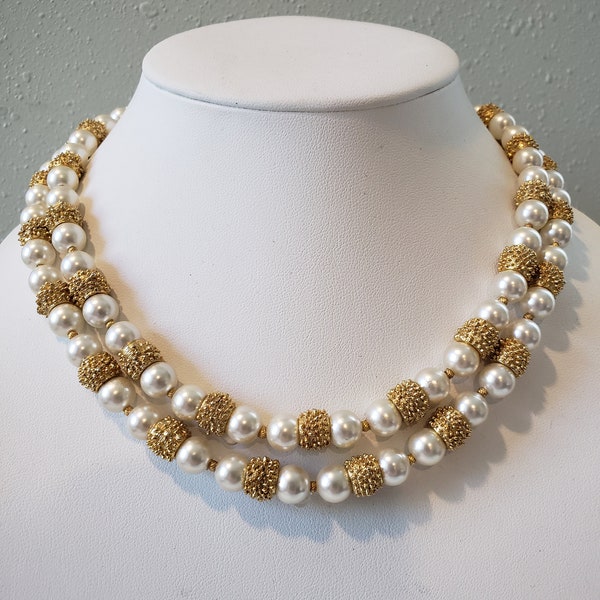 Vintage Trifari Faux Pearl Textured Gold Tone Bead Double Strand Necklace