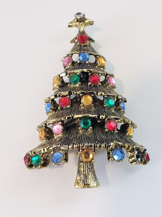 Vintage Hollycraft Christmas Tree Brooch Gold Ton… - image 5