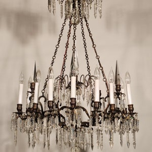ANTIQUE 5 Arm 15 Lite Bronze Serrated Edge & Spires Lead Crystal Chandelier