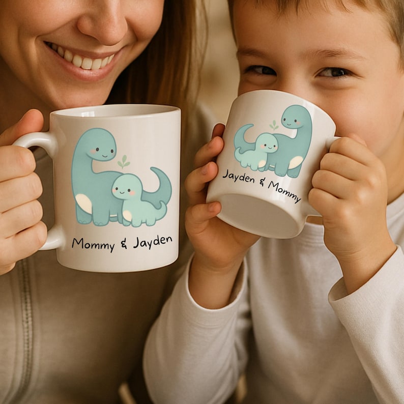 May include: Two white ceramic mugs featuring a light blue dinosaur design. One mug says "Mommy & Jayden", the other says "Jayden & Mommy". The mugs have a handle and are being held by two people.