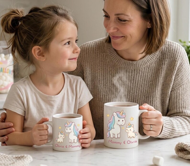 May include: Two white ceramic mugs featuring a unicorn design. One mug is held by a child and the other by an adult. The mugs have the text "Mommy & Olivia" and "Olivia & Mommy". The unicorns have pastel manes and tails.