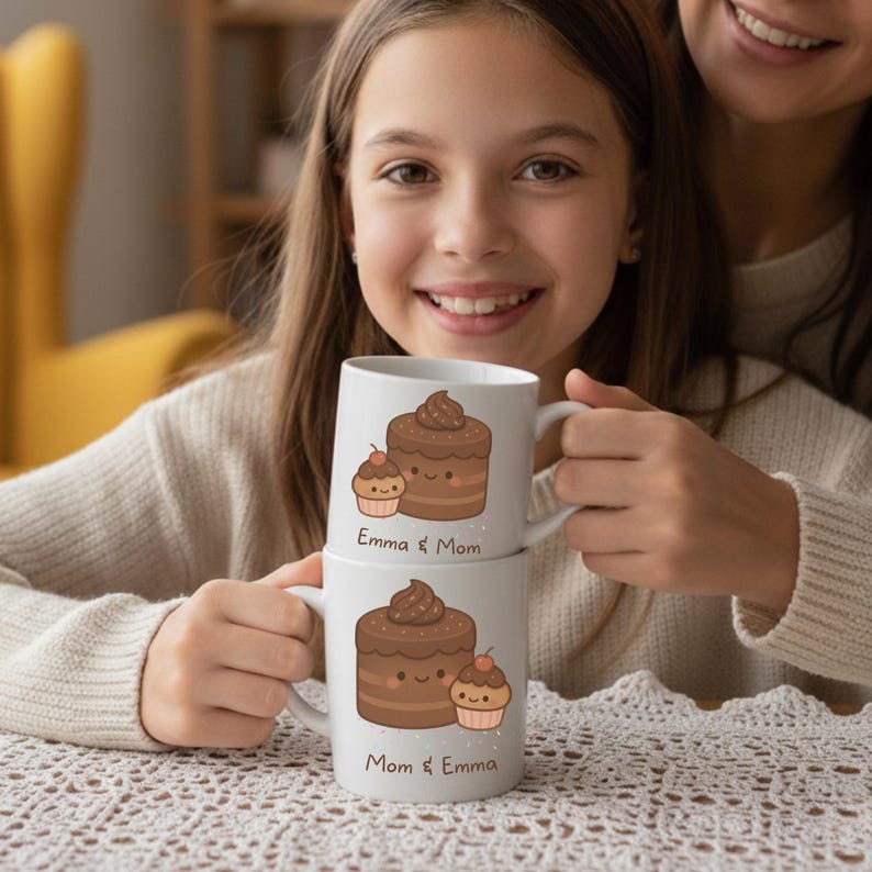 May include: Two white ceramic mugs stacked, each with a cartoon chocolate cake and cupcake illustration. The mugs have the text "Emma & Mom" and "Mom & Emma". The mugs are held by a person. The background is blurred.