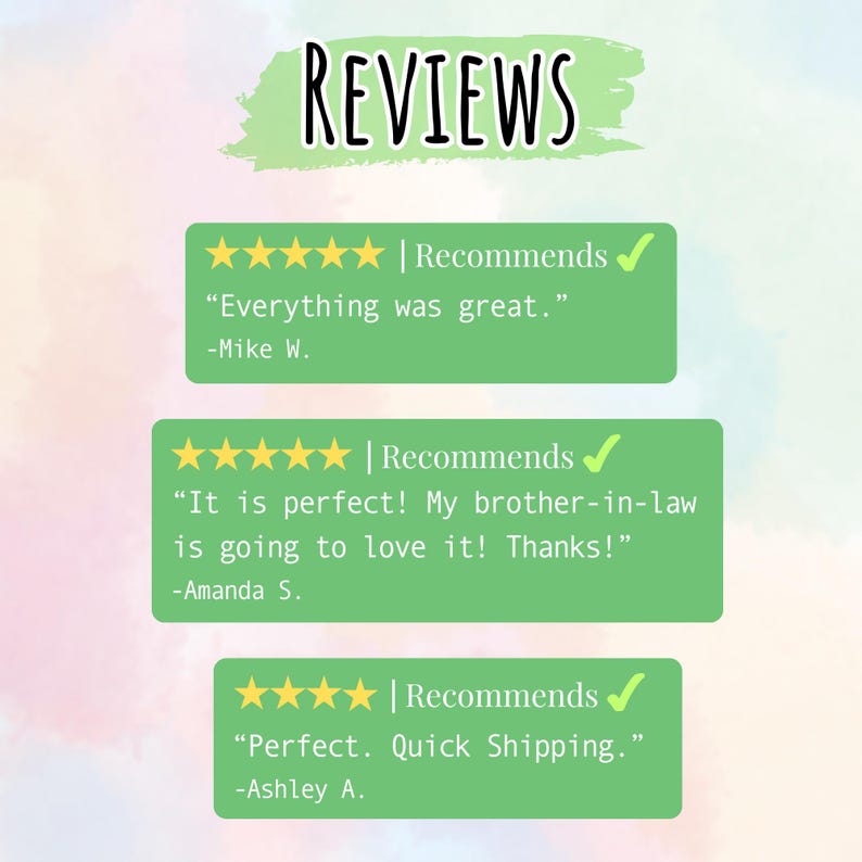 May include: Image showing customer reviews against a pastel backdrop. The word "REVIEWS" is at the top. Three green boxes display customer testimonials with five-star ratings and the word "Recommends". Each review includes a customer's name.