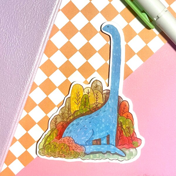 Cute dinosaur vinyl sticker, Dino doodle, waterproof, water resistant, cool decor, laptop, water bottle, brontosaurus, gouache drawing