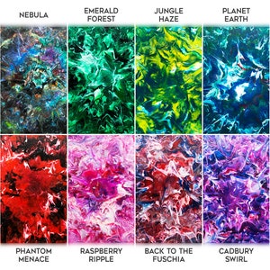 May include: Twelve abstract paintings in a grid pattern. Each painting features a swirling, marbled design in a different color combination. The titles of the paintings are listed below each one.