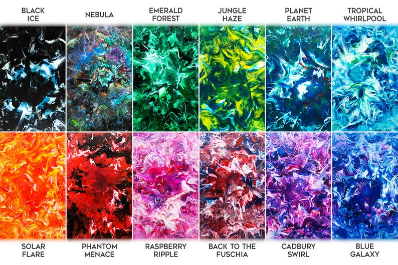 May include: Twelve abstract paintings in a grid pattern. Each painting features a swirling, marbled design in a different color combination. The titles of the paintings are listed below each one.